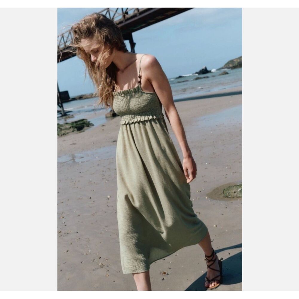 Zara Smocked Midi Dress Beaded Khaki Beachy Cottage Coastal Bohemian NWT Size XS